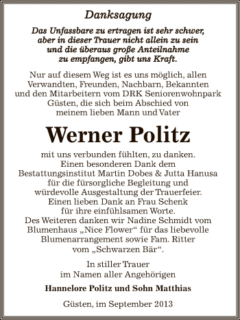 Traueranzeige von Werner Politz von Super Sonntag Bernburg