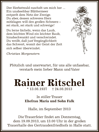 Traueranzeige von Rainer Ritschel von Super Sonntag Zeitz
