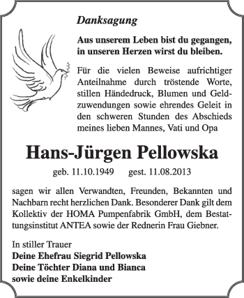 Traueranzeige von Hans-Jürgen Pellowska von Super Sonntag Wittenberg