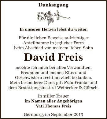 Traueranzeige von David Freis von Super Sonntag Bernburg