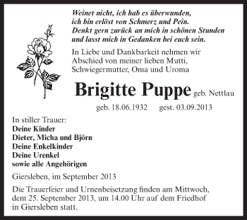 Traueranzeige von Brigitte Puppe von WVG - Wochenspiegel Aschersleben