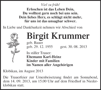 Traueranzeige von Birgit Krummer von WVG - Wochenspiegel Merseburg