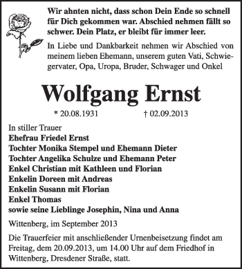 Traueranzeige von Wolfgang Ernst von WVG - Wochenspiegel Wittenberg