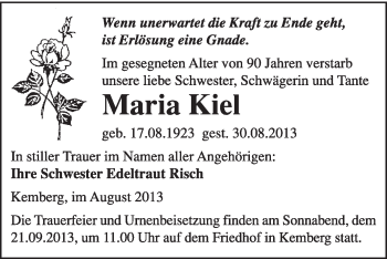 Traueranzeige von Maria Kiel von WVG - Wochenspiegel Wittenberg
