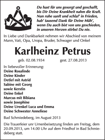 Traueranzeige von Karlheinz Petrus von WVG - Wochenspiegel Wittenberg