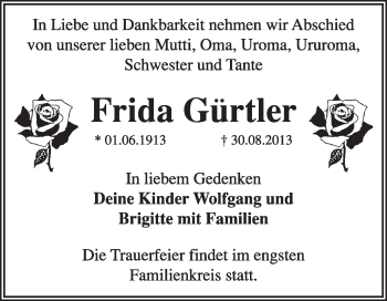 Traueranzeige von Frida Gürtler von Super Sonntag Dessau / Köthen