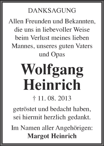 Traueranzeige von Wolfgang Heinrich von WVG - Wochenspiegel Merseburg
