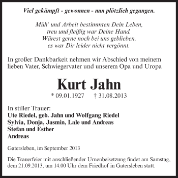Traueranzeige von Kurt Jahn von WVG - Wochenspiegel Aschersleben