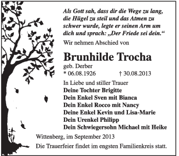 Traueranzeige von Brunhilde Trocha von WVG - Wochenspiegel Wittenberg