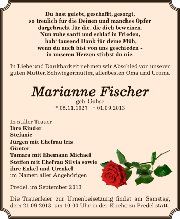 Traueranzeige von Marianne Fischer von Super Sonntag Zeitz