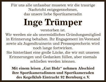 Traueranzeige von Inge Trümper von Super Sonntag Bernburg