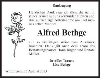 Traueranzeige von Alfred Bethge von WVG - Wochenspiegel Aschersleben