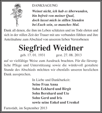 Traueranzeige von Siegfried Weidner von WVG - Wochenspiegel Merseburg