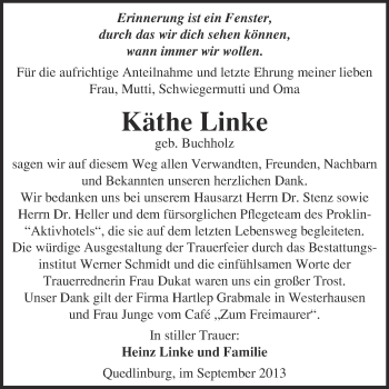 Traueranzeige von Käthe Linke von WVG - Wochenspiegel Quedlinburg