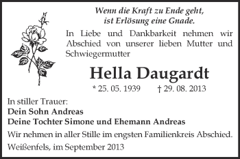 Traueranzeige von Hella Daugardt von WVG - Wochenspiegel NMB / WSF / ZTZ