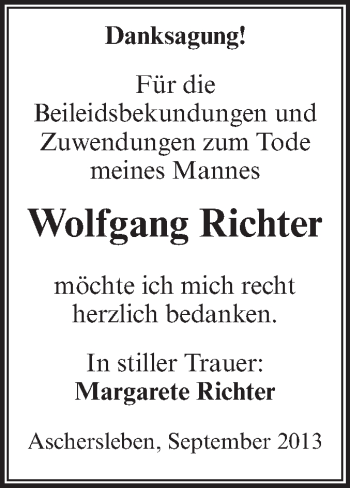 Traueranzeige von Wolfgang Richter von Super Sonntag Aschersleben