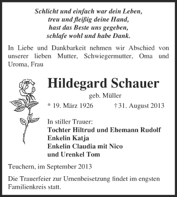 Traueranzeige von Hildegard Schauer von WVG - Wochenspiegel NMB / WSF / ZTZ