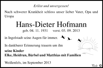 Traueranzeige von Hans-Dieter Hofmann von WVG - Wochenspiegel NMB / WSF / ZTZ
