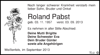 Traueranzeige von Roland Pabst von WVG - Wochenspiegel NMB / WSF / ZTZ