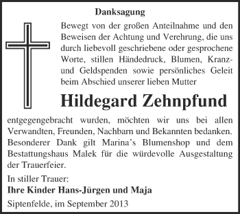 Traueranzeige von Hildegard Zehnpfund von WVG - Wochenspiegel Quedlinburg