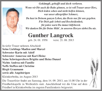 Traueranzeige von Gunther Langrock von WVG - Wochenspiegel NMB / WSF / ZTZ