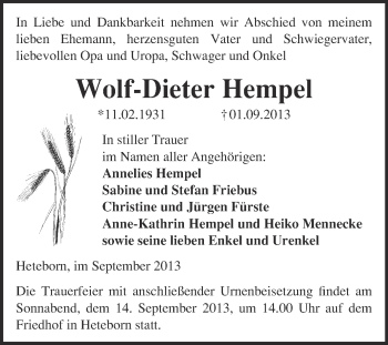 Traueranzeige von Wolf-Dieter Hempel von WVG - Wochenspiegel Quedlinburg