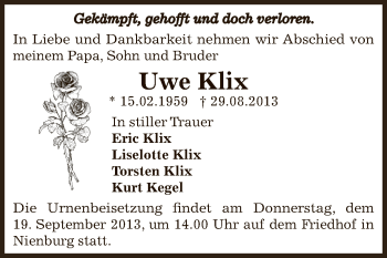 Traueranzeige von Uwe Klix von Super Sonntag Bernburg