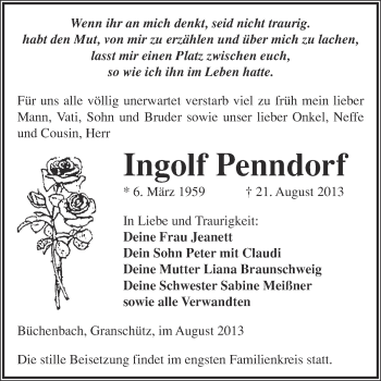 Traueranzeige von Ingolf Penndorf von WVG - Wochenspiegel NMB / WSF / ZTZ