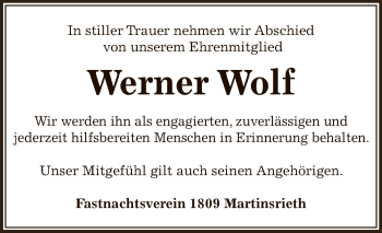 Traueranzeige von Werner Wolf von Super Sonntag SGH Mansf. Land