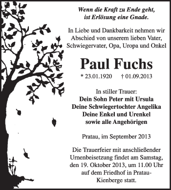 Traueranzeige von Paul Fuchs von WVG - Wochenspiegel Wittenberg