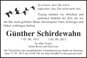 Traueranzeige von Günther Schirdewahn von Super Sonntag Quedlinburg