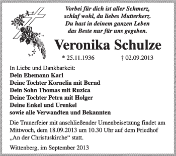 Traueranzeige von Veronika Schulze von WVG - Wochenspiegel Wittenberg