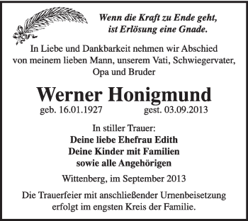 Traueranzeige von Werner Honigmund von WVG - Wochenspiegel Wittenberg