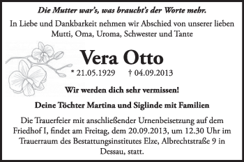 Traueranzeige von Vera Otto von Super Sonntag Dessau / Köthen