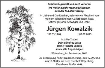 Traueranzeige von Jürgen Kowalzik von WVG - Wochenspiegel Wittenberg