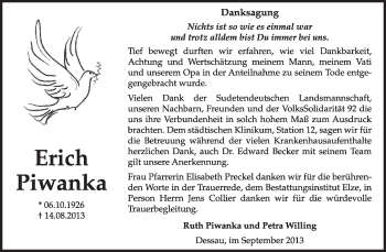 Traueranzeige von Erich Piwanka von Super Sonntag Dessau / Köthen