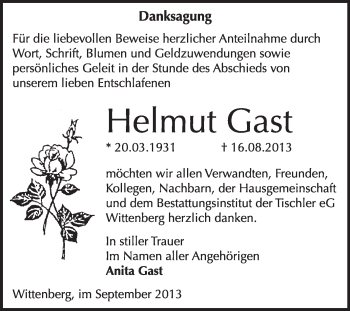 Traueranzeige von Helmut Gast von WVG - Wochenspiegel Wittenberg