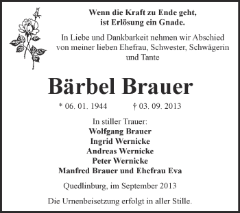 Traueranzeige von Bärbel Brauer von WVG - Wochenspiegel Quedlinburg