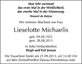 Traueranzeige von Lieselotte Michaelis von Super Sonntag Dessau / Köthen