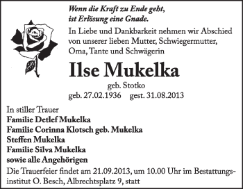 Traueranzeige von Ilse Mukelka von Super Sonntag Dessau / Köthen