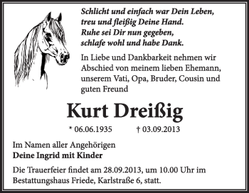 Traueranzeige von Kurt Dreißig von Super Sonntag Dessau / Köthen