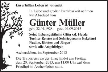 Traueranzeige von Günter Müller von Super Sonntag Aschersleben
