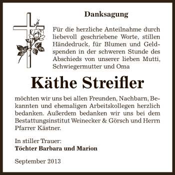 Traueranzeige von Käthe Streifler von Super Sonntag Bernburg