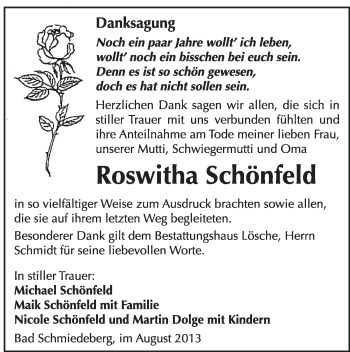 Traueranzeige von Roswitha Schönfeld von WVG - Wochenspiegel Wittenberg