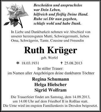 Traueranzeige von Ruth Krüger von Super Sonntag Dessau / Köthen