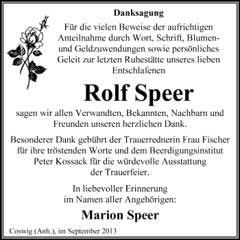 Traueranzeige von Rolf Speer von Super Sonntag Dessau / Köthen
