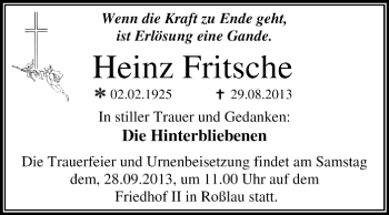 Traueranzeige von Heinz Fritsche von Super Sonntag Dessau / Köthen