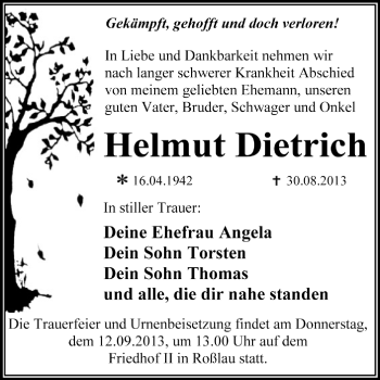 Traueranzeige von Helmut Dietrich von Super Sonntag Dessau / Köthen
