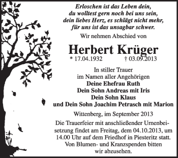 Traueranzeige von Herbert Krüger von Super Sonntag Wittenberg