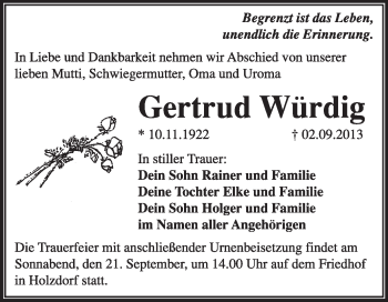 Traueranzeige von Gertrud Würdig von WVG - Wochenspiegel Wittenberg